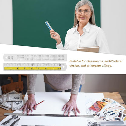 HARFINGTON 2pcs Metal Straight Ruler 20cm Metric SAE Aluminum Alloy Measuring Rulers Scale Tool with Hole for Measure Study Reading Classroom Office, Yellow
