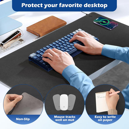 Wireless Charging Desk Mat with Desk Pad for Desktop Charging Large Mouse Pad Waterproof Leather Computer Mat Mouse Pad Non-Slip Protector on Top of Desks for Keyboard and Mouse (black-r, 32*16inch)