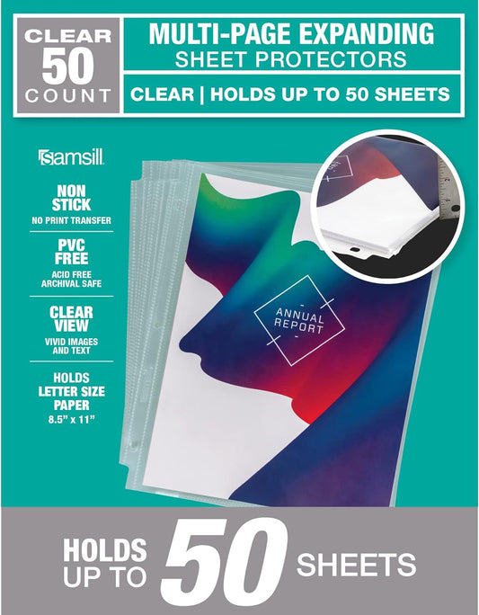 Samsill High Capacity Sheet Protectors, 50 Pack, 8.5x11 Inch Page Protectors for 3 Ring Binder, Heavy Duty, Multi-Page Protector, Holds 50 Sheets, Top Loading, Acid Free