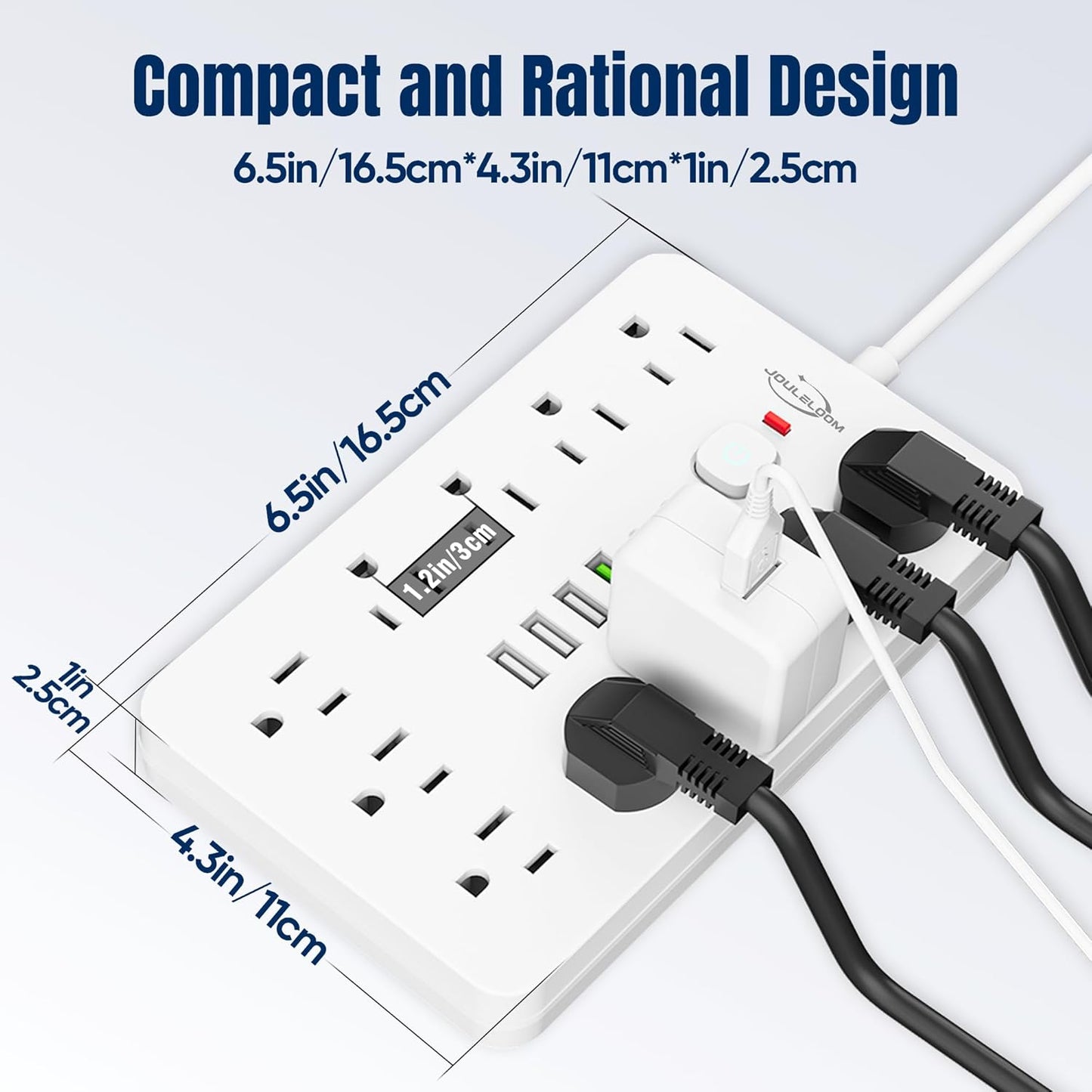20 FT Flat Plug Surge Protector Power Strip,11 Multiple AC Outlets with 6 USB Ports (2 USB C), 20 Feet Extension Cord, 1250W/10A, One Touch Switch Button, White