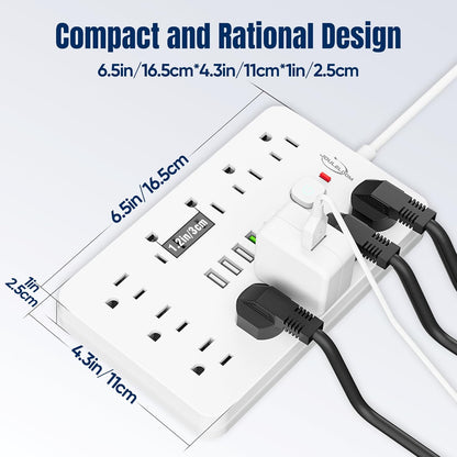 2 Pack 6 FT Flat Plug Surge Protector Power Strip,11 Multiple AC Outlets with 6 USB Ports (2 USB C), 6 Feet Extension Cord, 1250W/10A, One Touch Switch Button, 17 in 1 Compact powerstrip