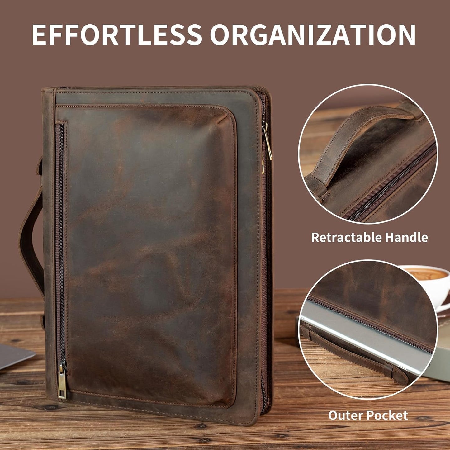 Handmade Vintage Crazy Horse Leather Portfolio,Business Organizer Padfolio with Handle, for iPad Pro/Microsoft Surface Pro/13 inch Tablet, Dark Khaki