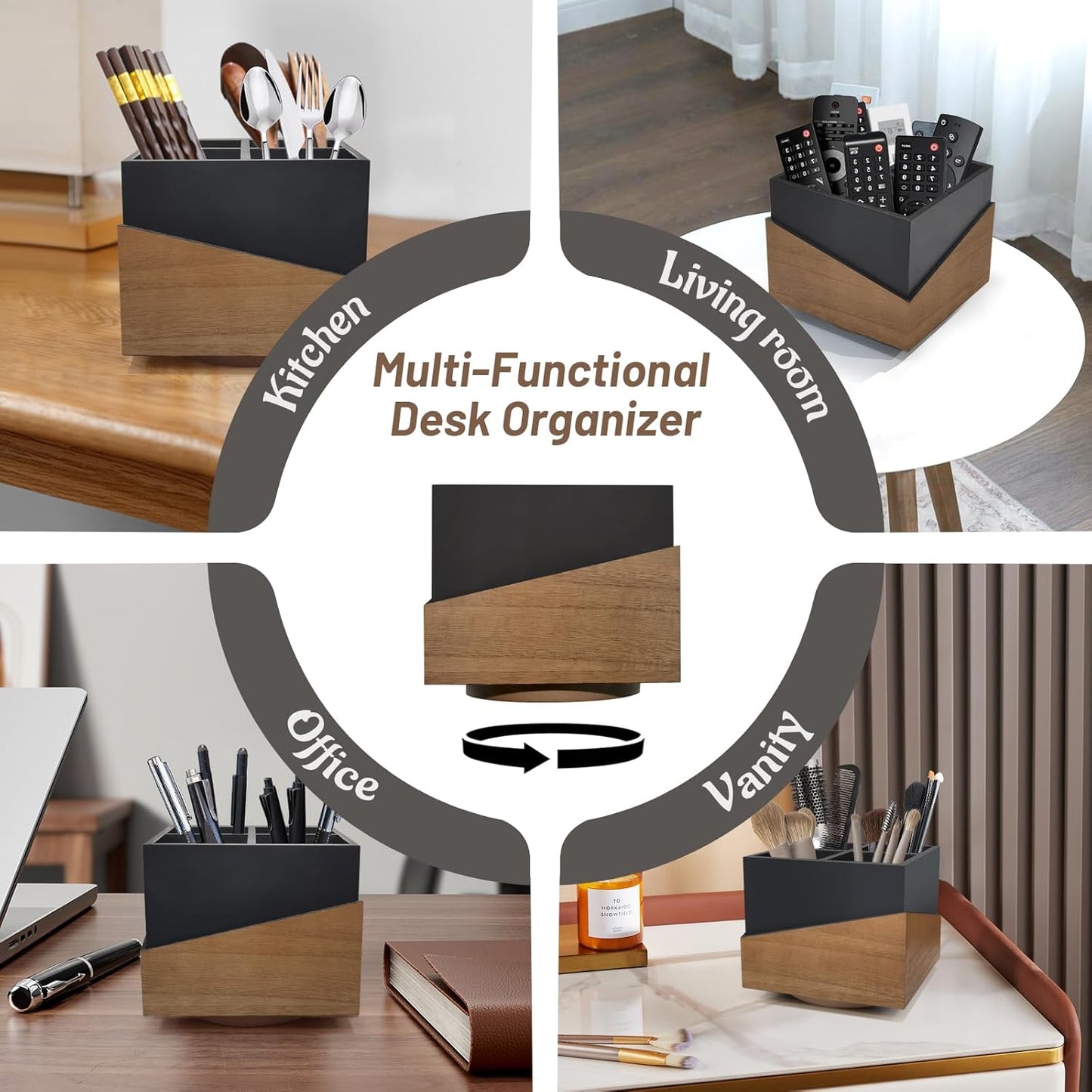 Rotating Pen Holder for Desk, Black Pencil Holder Pen Cup with Wood Grain Veneer, Wooden Desktop Pen Organizer Desk Caddy Organizer for Makeup Brush, Flatware, Remote Control