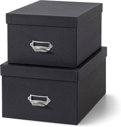 Soul & Lane Black Decorative Cardboard Storage Boxes with Lids, Set of 2 Stacking Keepsake Photo and Memory Boxes for Home & Office, Elegant Paperboard Organizers with Label Holders and Drawer Pulls