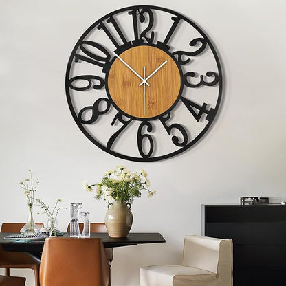LEIKE Large Wall Clocks,Silent,Non Ticking,Battery Operated Rustic Round Modern Big Wood Wall Clock for Living Room, Bedroom,Kitchen,Farmhouse,Office,Home Decor