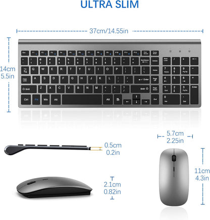 Wireless Keyboard and Mouse Ultra Slim Combo, TopMate 2.4G Silent Compact USB 2400DPI Mouse and Scissor Switch Keyboard Set with Cover, 2 AA and 2 AAA Batteries, for PC/Laptop/Windows/Mac - Gray Black