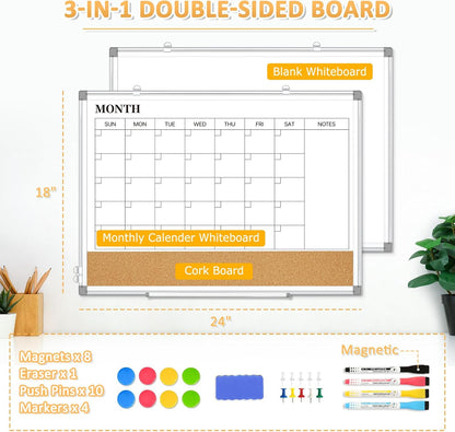 Dry Erase Calendar Whiteboard for Wall, 24"x18" Magnetic Monthly White Board Cork Board Combo, Double Sided, Aluminum Frame, Wall Hanging Wipe Board for Home, Office, School, Dorm