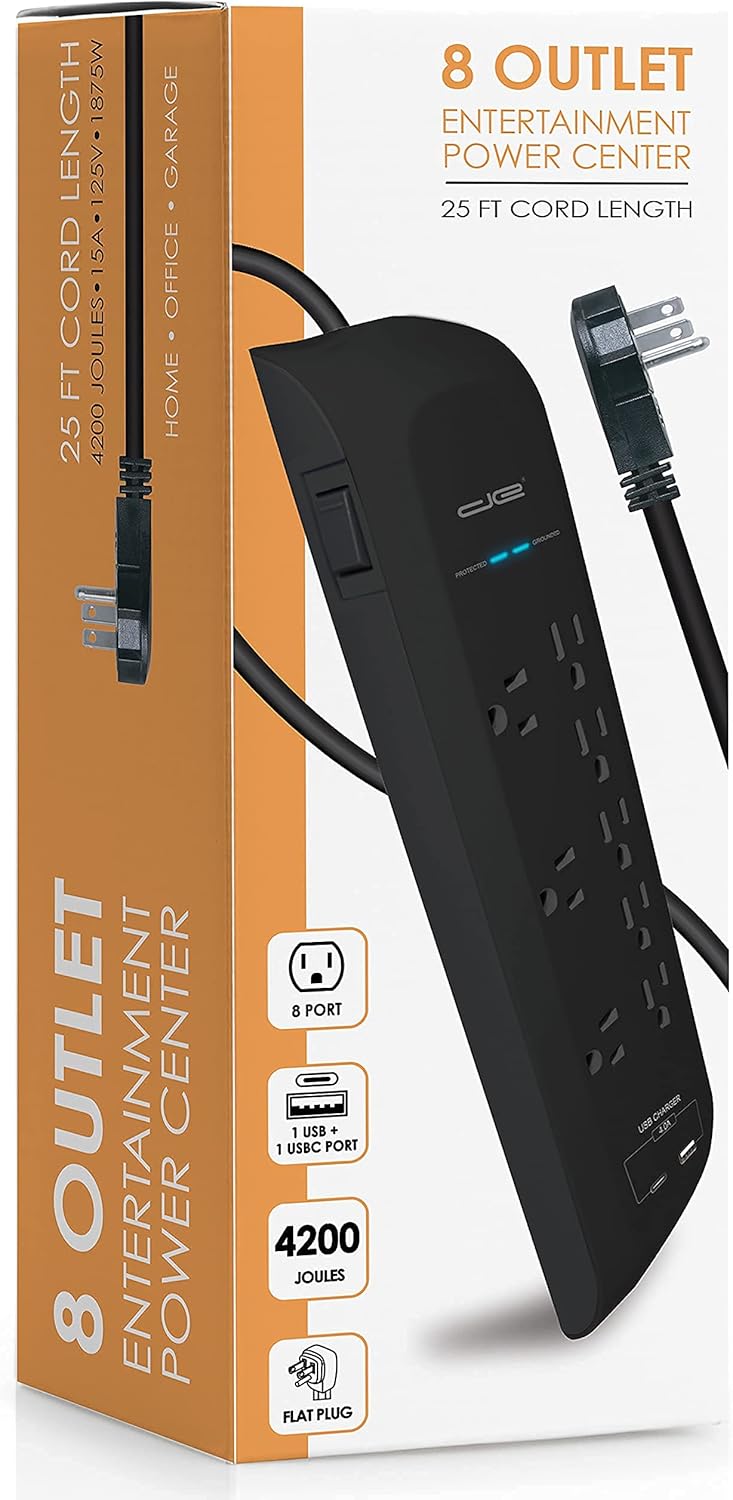 Digital Energy 25 FT USB-C and USB-A 8 Outlet 4200 Joules Surge Protector Power Strip, 3 Wide Spaced Outlets, Black