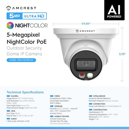 Amcrest 2-Pack AI Turret IP PoE Camera w/ 49ft Nightvision, Security IP Camera Outdoor, Built-in Microphone, Human & Vehicle Detection, Active Deterrent,129° FOV, 5MP@20fps 2PACK-IP5M-T1277EW-AI
