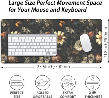 Black Background Flowers Desk Pad Mouse Pad,Large Floral Mouse Mat with Stitched Edges,Non-Slip Rubber Base Elegant Mousepad for Office PC Keyboard Laptop and Home Work Desk Mat(27.5X11.8 in)