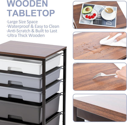 Utility Cart with 5 Drawers,Storage Drawer Cart with Wooden Tabletop and Lockable Wheels,Craft Storage Trolley Cart,5-Tier Rolling Utility Cart on Wheels,Dark Grey