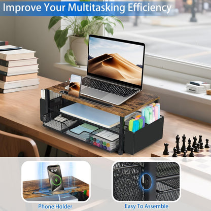 Wood Desk Organizers and Accessories, 2-Tier Computer Monitor Stand Riser with Drawer, Pen Storage & Phone Holder, Office Desk Accessories, Workspace Desktop Organization for Office Supplies（Brown）