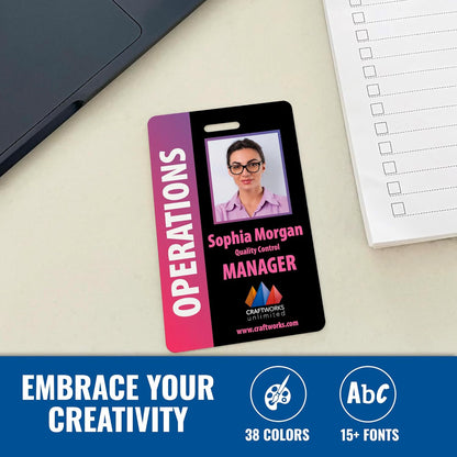 Custom Print Employee ID Badge with Vertical Side Text, Double Sided Print with Name, Photo, Logo, and Barcode – Unique Photo ID Card Solution (ID Vertical)