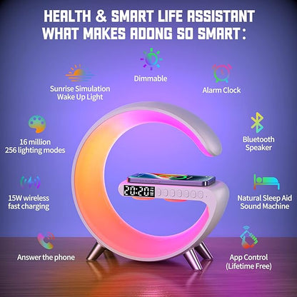 Smart Wireless Charging Alarm Clock with Bluetooth Speaker, App Controlled Bedside Lamp Table Light and Night Light, Bedroom Home Decor, Gift for Girls Boys and Family for Birthday Christmas (White)