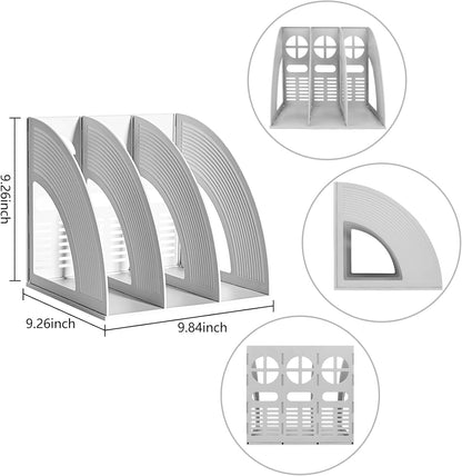 SAYEEC Magazine File Holder Folder Storage Desktop Standing Hollow File Bookshelf Organizer Office Racks Displays Holds Notebooks Documents (3 Compartments - Light Grey x 2)
