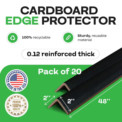 IDL Packaging 2” x 2” x 48” Black Cardboard Edge Protector (Pack of 20) - Corner Protectors for Shipping, Storage, & Moving – Reinforced Corner Guard Protection for Pallets, Wall Corners, & Furniture