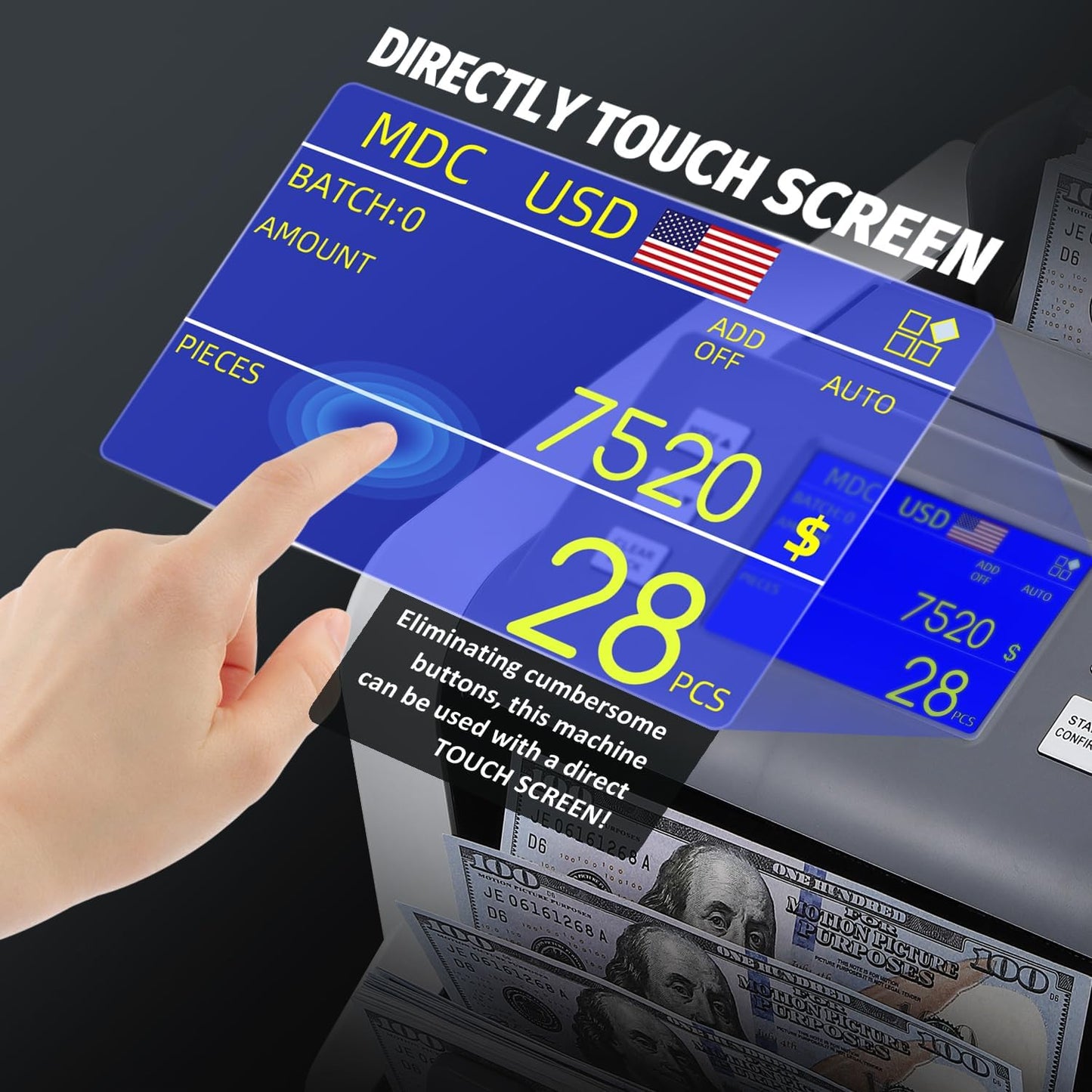 Money Counter Machine Mixed Denomination with Value Count, Touch Screen with 5 Currencies Suitable, MT/UV/MG/IR Counterfeit Bill Detection, 6 Modes Available Cash Counter with LCD Display