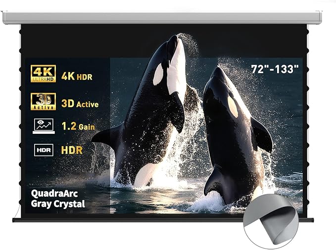 QuadraArc Motorized Projector Screen, Gray Crystal 4K Electric Drop Down Screen, Wall & Ceiling Mount, Compatible with ST/LT Projectors up to 1600 ANSI Lumens 92"