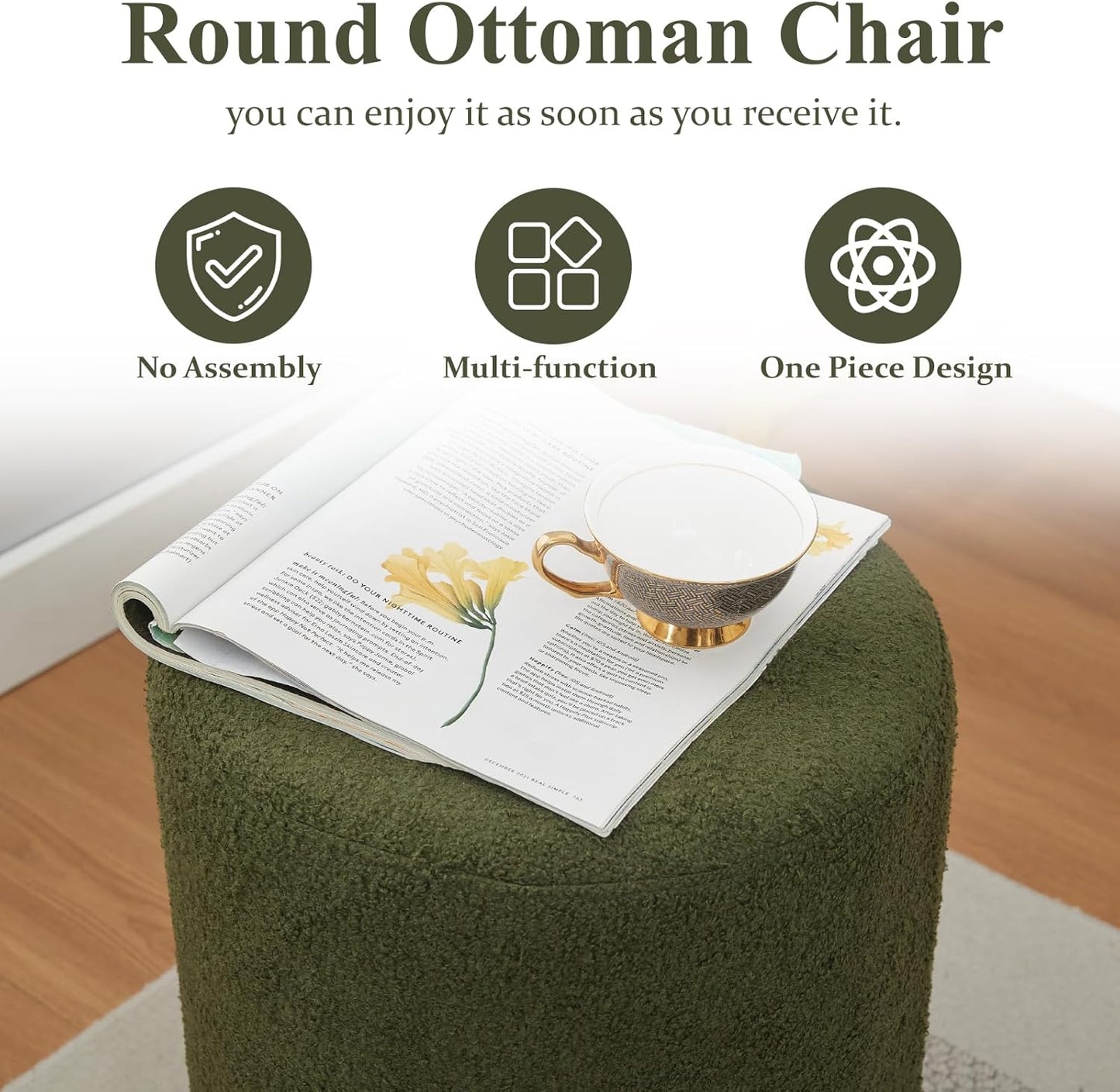 Modern Round Ottoman, Button-Tufted Foot Stool Ottoman, Teddy Fleece Upholstered Vanity Stool for Makeup, Bedroom, Living Room, Dark Green