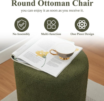 Modern Round Ottoman, Button-Tufted Foot Stool Ottoman, Teddy Fleece Upholstered Vanity Stool for Makeup, Bedroom, Living Room, Dark Green