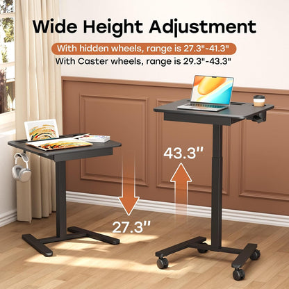 Mobile Small Standing Desk with Drawer, 23.6"x19.7" Rolling Laptop Cart on Wheels, Height Adjustable Sit Stand Computer Workstation with Storage for Compact Space, Black