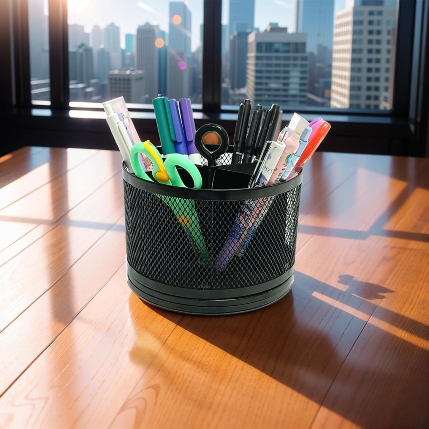 SETTFRFE Rotating Pen Holder for Desk,Supplies Organizer pencil Caddy,6 Compartments Desk Organizer,Black (Metal Mesh Style)