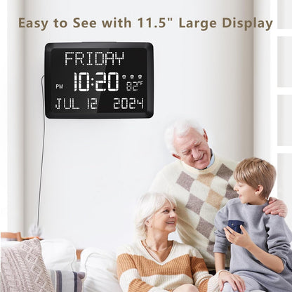 Raynic Digital Clock, 11.5" Large Display Calendar Clock with Day and Date, Indoor Temperature, Adjustable Brightness, Snooze,12/24H, DST for Home, Office, Elderly
