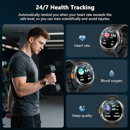 IOWODO Military Smart Watch for Men -100-Day Long Battery Life,Fitness Tracker with LED Flashlight/Compass,Heart Rate Monitor,120+ Sports Modes,IP68 Waterproof,Bluetooth Call Smartwatch for iOSAndroid