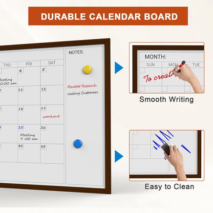 Comix Dry Erase Calendar Whiteboard for Wall,Magnetic Dry Erase White Board with Brown Wood Frame, 36 * 24 inches Decorative Planner Board for Office, Kitchen, School, Home