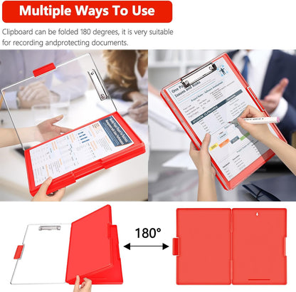 Clipboard with Storage,Heavy Duty Clip Boards 8.5x11 with 2 Storage Case,Clear Visible Top Panel Storage Clipboards,Side Opening Clip Boards,Nursing Clipboard Folder Case for Office Supplies-Red