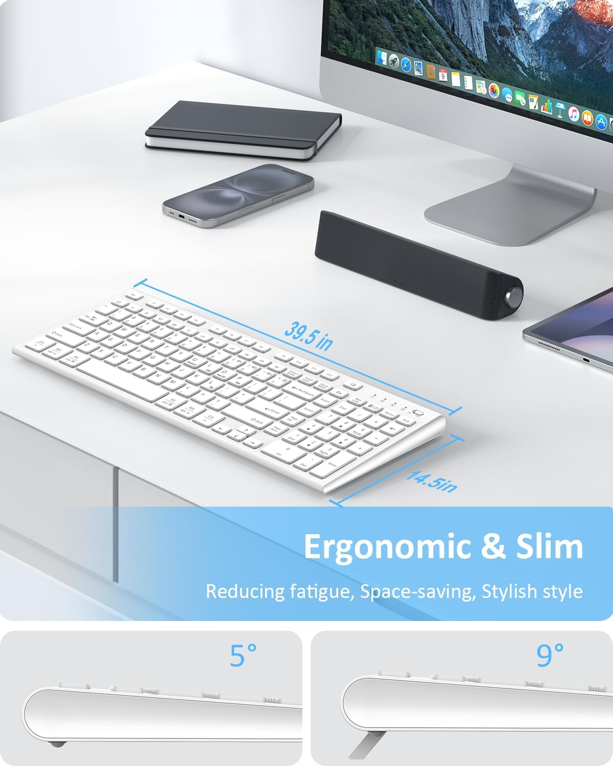 FENIFOX Wireless Keyboard, Bluetooth + USB Ergonomic Silent Quiet Rechargeable with Number Pad Compact Full Size Multi Device Keyboards for iPad Tablet Mac Computer Surface PC MacBook Laptop White