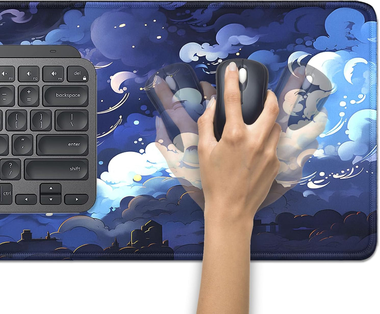 Blue Clouds Mouse Pad,Extended Stars Sky Dark Blue Clouds Mousepad Desk Pad with Stitched Edges,Non-Slip Waterproof Rubber Base Mouse Mat for Office Computer Keyboard Laptop Home(27.5x11.8 in)