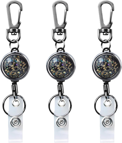 bolimoss Bling Black Retractable Badge Reels with Key Ring and Carabiner Belt Clip, Glittery Metal Retractable Keychain for ID Cards Name Holder Nurse, Teacher, Students (3 PCS)