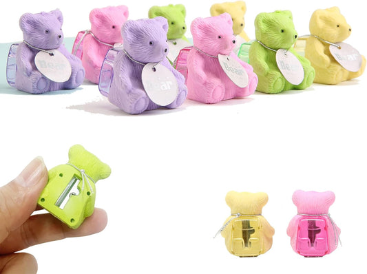 8Pcs Cute Backpack Bear Erasers Desk Pets for Kids, Kawaii Fun Animal Erasers with Pencil Sharpener for School Classroom Supplies Prize Gifts Party Favors