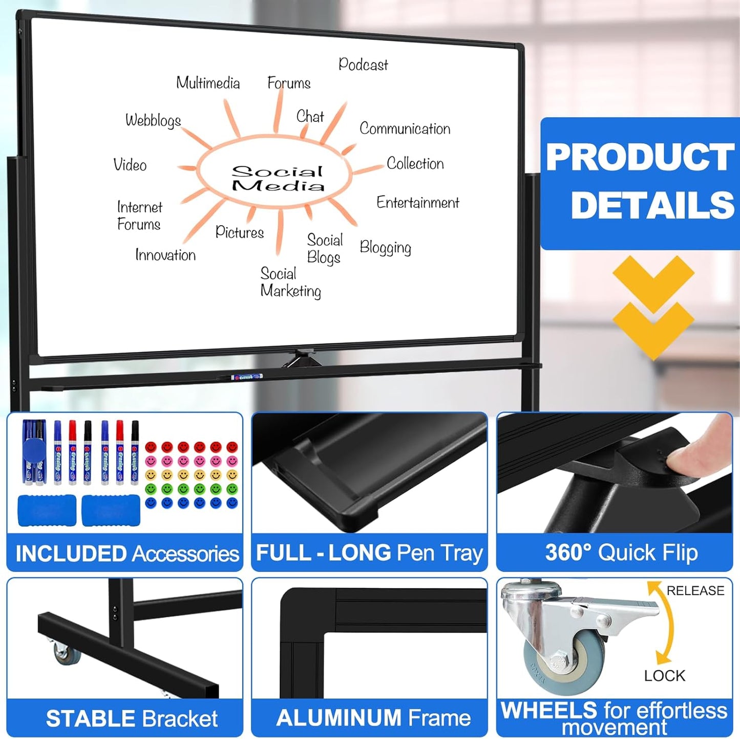 Large Dry Erase White Board with Rolling Stand 72"x48" Double-Sided Mobile Magnetic Whiteboard on Wheels, Including 3 Magnetic Erasers, 7 Markers, 30 Magnets