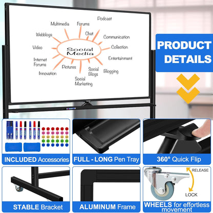 Large Dry Erase White Board with Rolling Stand 72"x48" Double-Sided Mobile Magnetic Whiteboard on Wheels, Including 3 Magnetic Erasers, 7 Markers, 30 Magnets