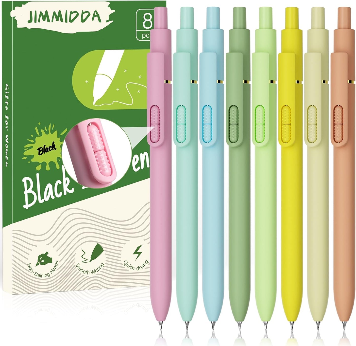 8Pcs Gel Pens with Black Ink, Fine Point Smooth Writing Pens, Quick-dry Gel Retractable Pens for Journaling Note Taking, Cute Office School Supplies for Adults Kids (0.7mm, Light)