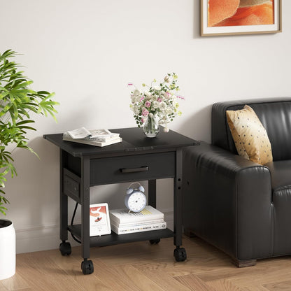 Lerliuo Under Desk Rolling Printer Stand with Charging Station and USB Ports, 2-Tier Printer Table Desk with Fabric Drawer, Printer Cart Holder with Lockable Wheels for Home, Office (Black)