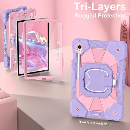 Case for Samsung Galaxy Tab S10 Lite / S10 FE / S9 FE 10.9 Inch, Samsung Tab S9 11 Inch, Rugged Galaxy S10 Tablet Case with Pen Holder 360 Rotating Stand Shoulder Strap Screen Protector, Purple