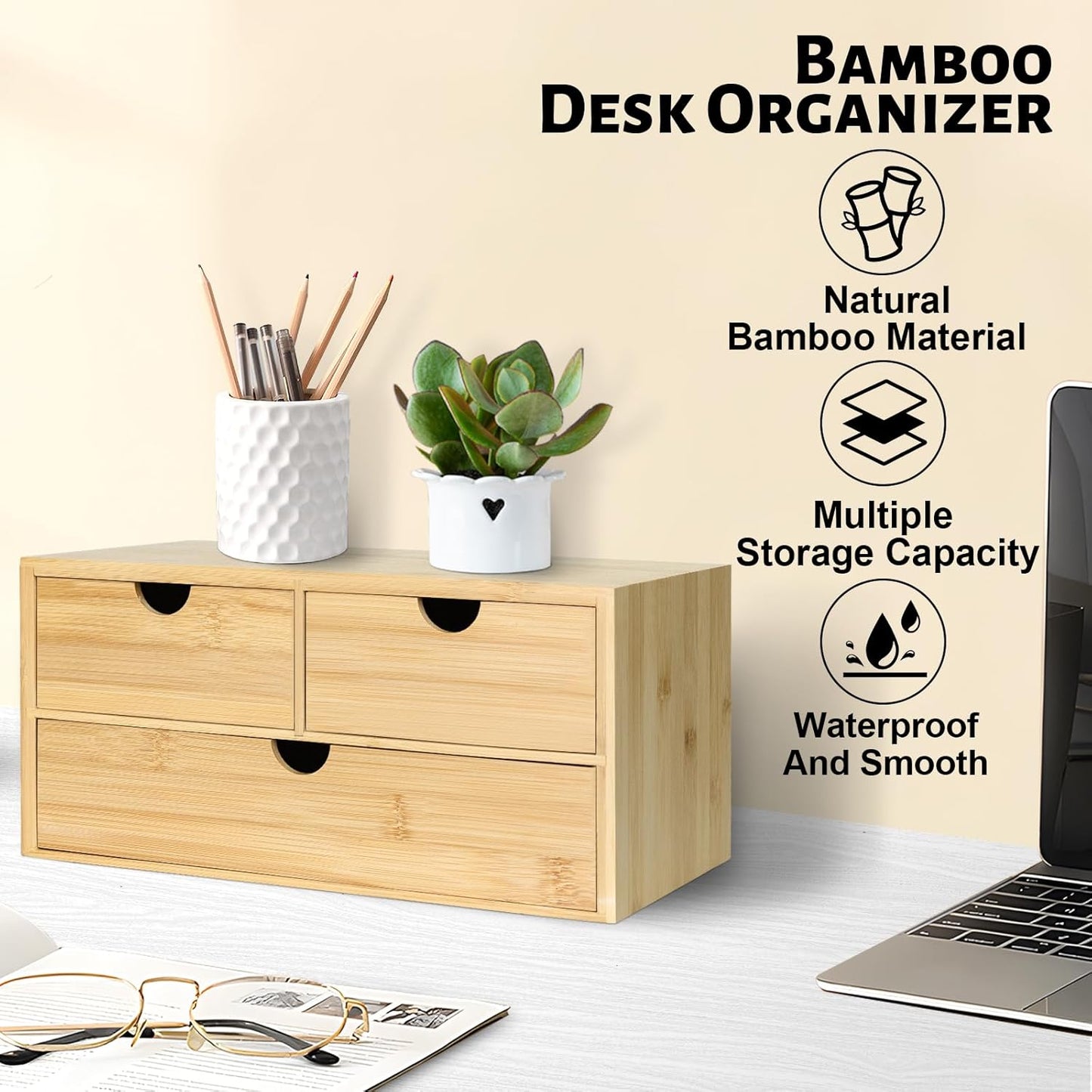 Bamboo Desk Organizer, 3 Drawer Desktop Organizer, Tabletop Storage Organization Box for Bills, Countertop, Home Office Supplies