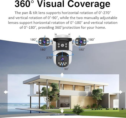 Cameras for Home Security, Outdoor PTZ Camera, 6MP Triple-Lens 360° Panoramic, Auto-Tracking Full-Color Night Vision, IP66 Weatherproof