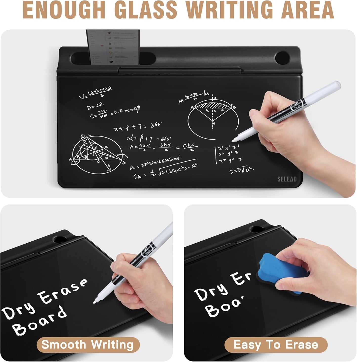 SELEAD Desktop Glass Whiteboard with Storage, Small Dry Erase White Board Computer Pad Keyboard Stand for Home, School, Office Desk Accessories - Black