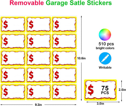 510 PCS Removable Garage Sale Price Stickers, 3"x2" Price Stickers for Yard Sales, Flea Markets, County Fairs & Retail Use, Pricemarker Labels, Colours Round Price Tags