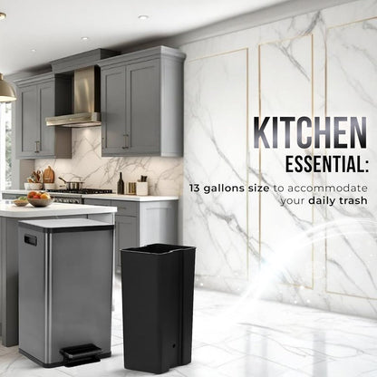 Simpli-Magic 13.2 Gallon (50L) Step Trash Can – Kitchen Garbage Can with Slow-Close Lid – Odor Control, Hands-Free, Easy to Clean, Brushed Stainless Steel