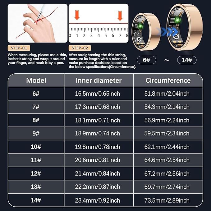 Health Tracker Ring, Smart Health Ring for Women Men with Heart Rate, Blood Oxygen, Sleep Monitor, Steps,Calories, No Subscription Fee, IP68 Waterproof Smart Ring for iPhone & Android (Rose Gold, 7#)