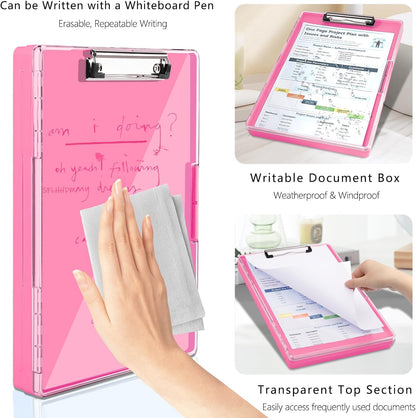 Clipboard with Storage,Heavy Duty Clip Boards 8.5x11 with 2 Storage Case,Clear Visible Top Panel Storage Clipboards,Side Opening Clip Boards,Nursing Clipboard Folder Case for Office Supplies-Pink