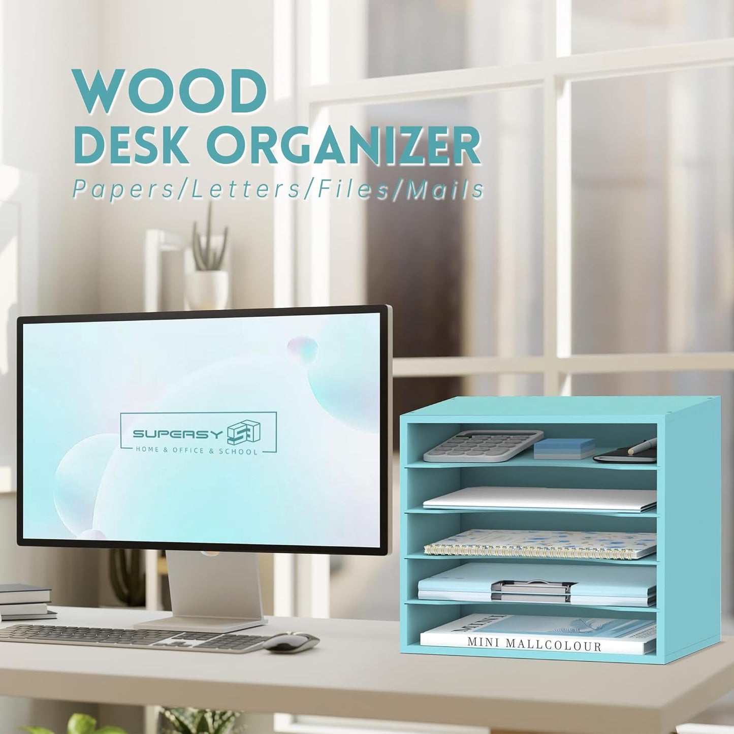SUPEASY Wood Desk Organizer, 5 Tier Paper File Organizer for Desk, Wooden Desktop Organizer, Paper Letter Literature Mail Sorter, for Office School & Home Organization, Blue