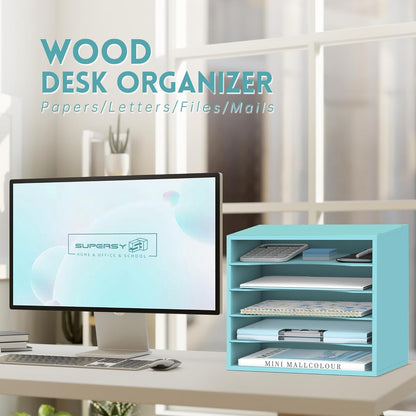 SUPEASY Wood Desk Organizer, 5 Tier Paper File Organizer for Desk, Wooden Desktop Organizer, Paper Letter Literature Mail Sorter, for Office School & Home Organization, Blue