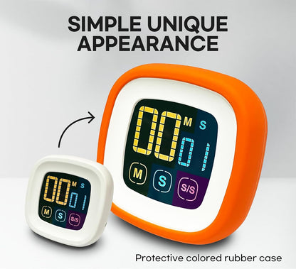 Digital Kitchen Timer, Countdown, Countup, Protective Rubber case, Large Display with Color Bold Digits, Touch Control, Backlit, Magnetic Kickstand, Loud Alarm, Auto Memory (Orange)
