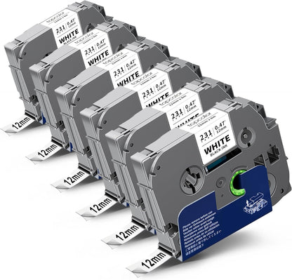 6-Pack Tze231 12mm Label Maker Tape Compatible for Brother P Touch Label Tape 12mm 0.47 White Tze-231 Tz231 Tze Tz 12mm 1/2" Laminated White for PT-D210 PT-D202 PT-D220 PT-D410 PTD600 PTD400